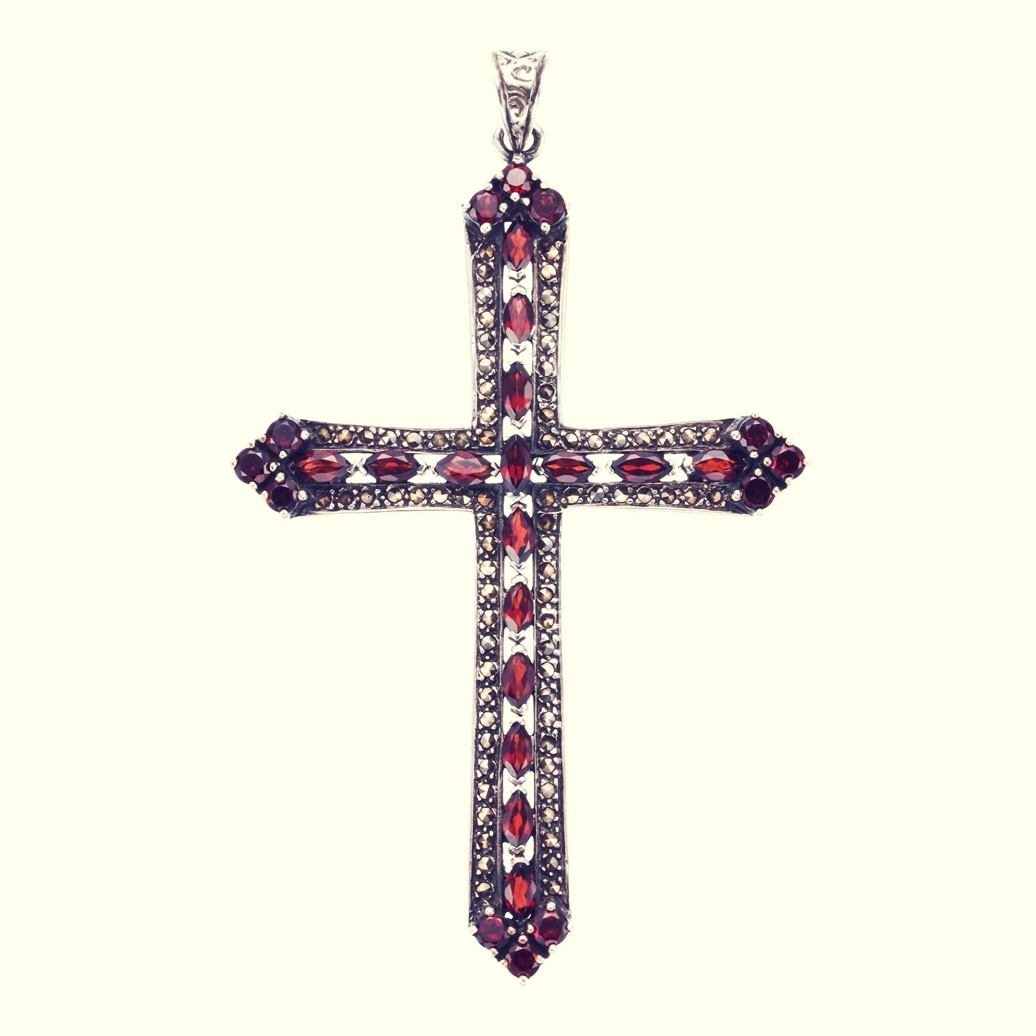 Marcasite Cross Pendant : L (Garnet)｜マーカサイトクロス