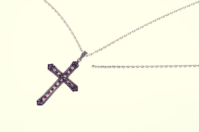 Marcasite Cross Pendant : S (Garnet)-ZOCALO.JAPAN